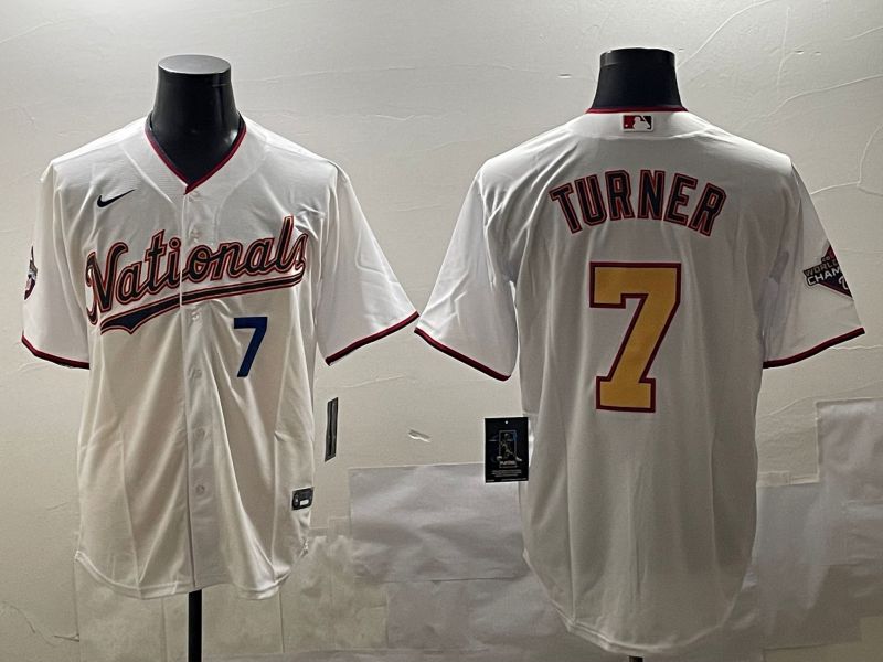 Men Washington Nationals #7 Turner White Gold Game 2025 Nike MLB Jersey style 4